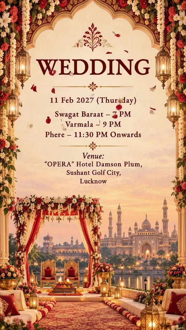 Wedding: Thursday 11 February 2027 at “Opera”, Hotel Damson Plum. Swagat Baraat 7 PM, Varmala 9 PM, Phere 11:30 PM onwards.
